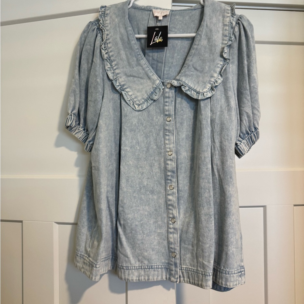 Lala Light Blue Ruffled Denim Top
